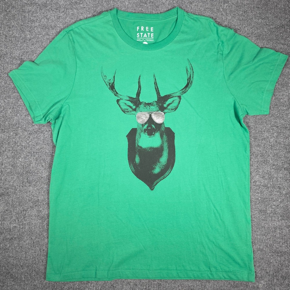 Free State Mens XL Green Graphic T-Shirt Deer Buck with Sunglasses Short Sleeve